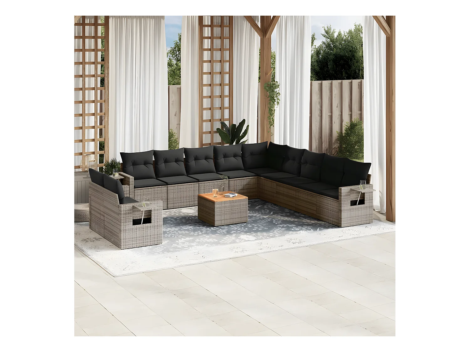 Salon de jardin avec coussins 12 pcs gris résine tressée
