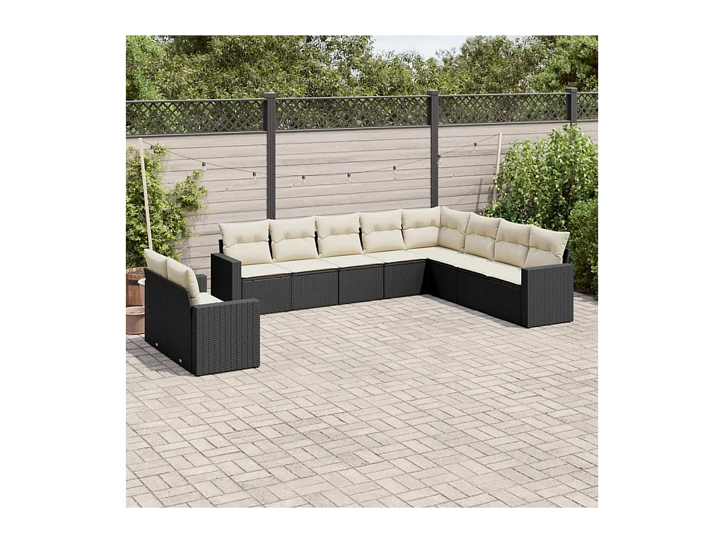 10-delige Loungeset met kussens poly rattan zwart