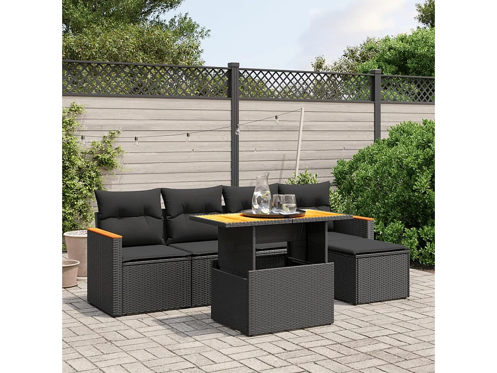 6 pcs conjunto sofás de jardim c/ almofadões vime PE preto