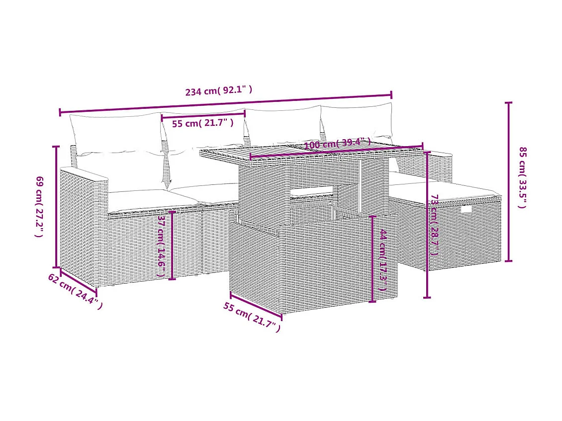 6 pcs conjunto sofás de jardim c/ almofadões vime PE preto