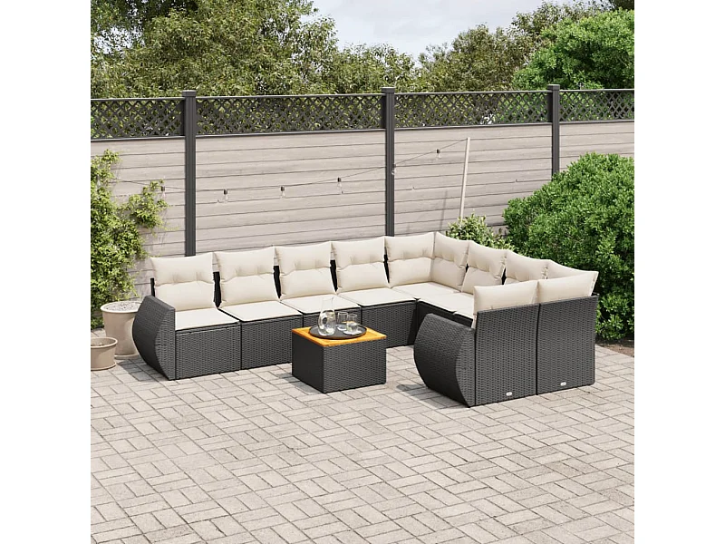 10-delige Loungeset met kussens poly rattan zwart