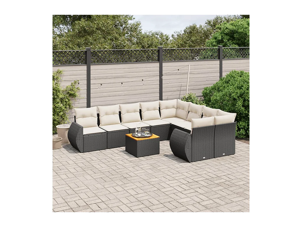 10-delige Loungeset met kussens poly rattan zwart