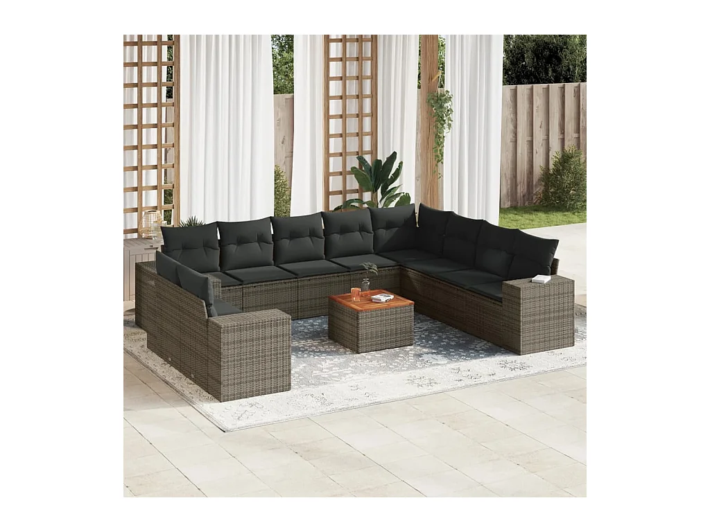 11-tlg. Garten-Sofagarnitur mit Kissen Grau Poly Rattan