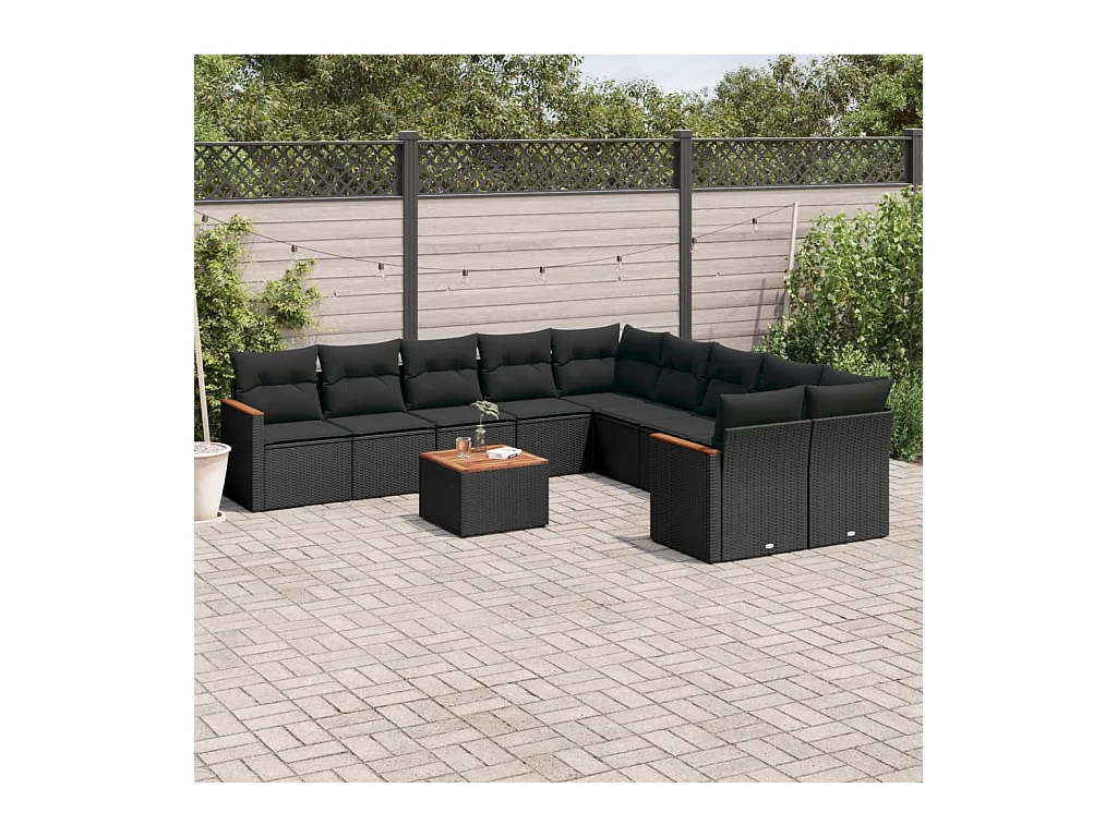 11-delige Loungeset met kussens poly rattan zwart