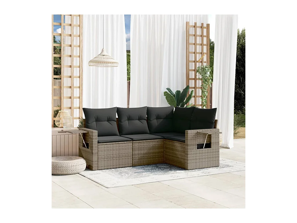 Salon de jardin 4 pcs avec coussins gris résine tressée