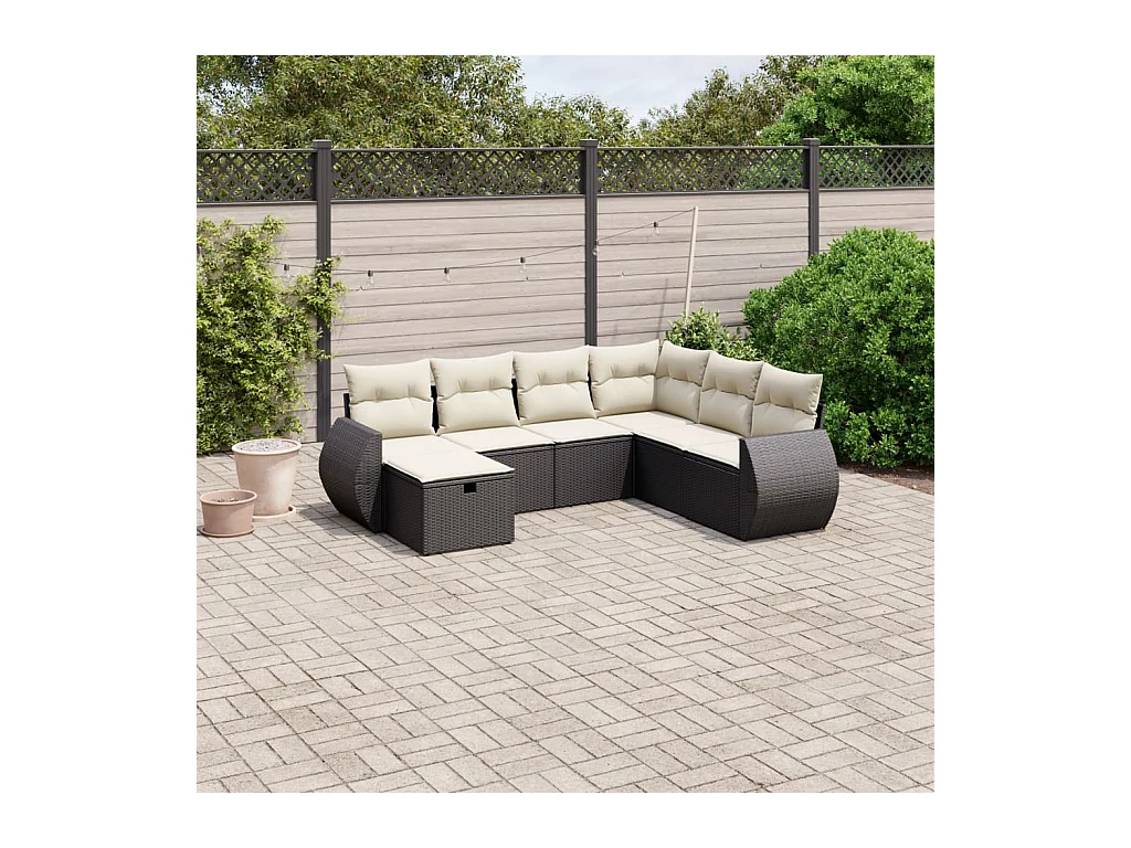 Salon de jardin 7 pcs avec coussins noir résine tressée