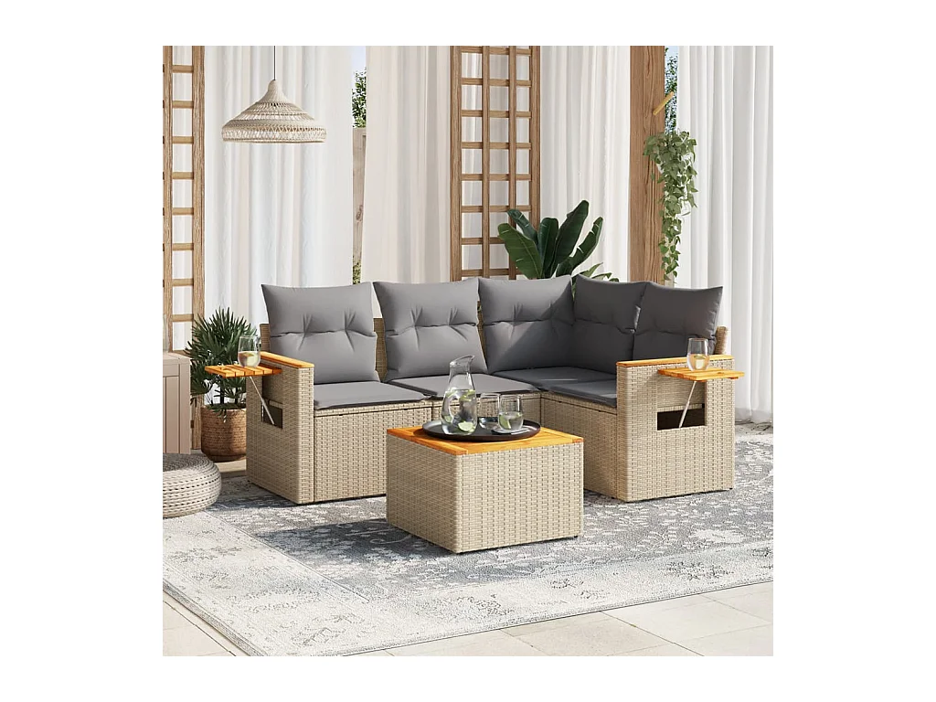5-delige Loungeset met kussens poly rattan beige