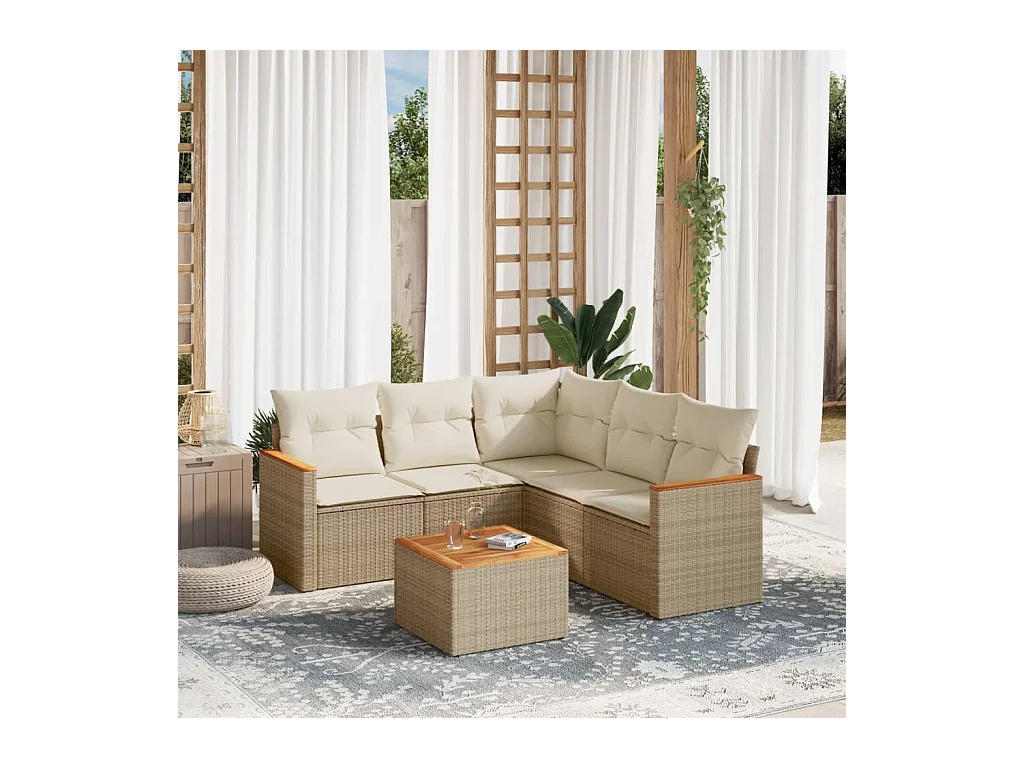 6-delige Loungeset met kussens poly rattan beige