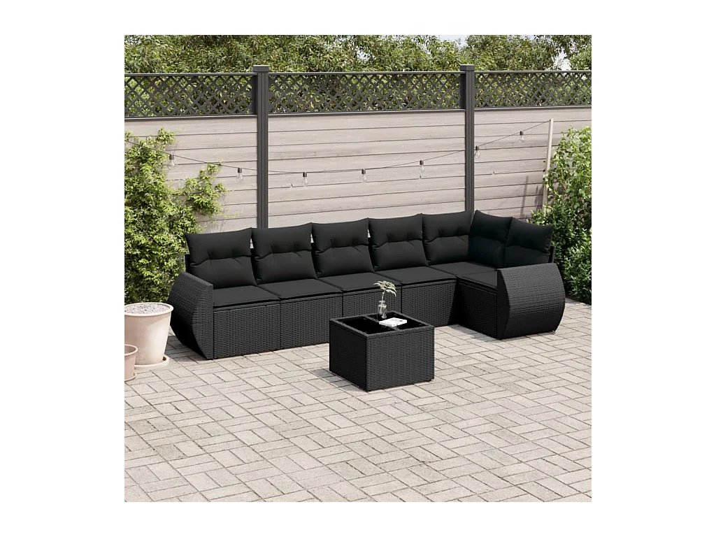 7-delige Loungeset met kussens poly rattan zwart