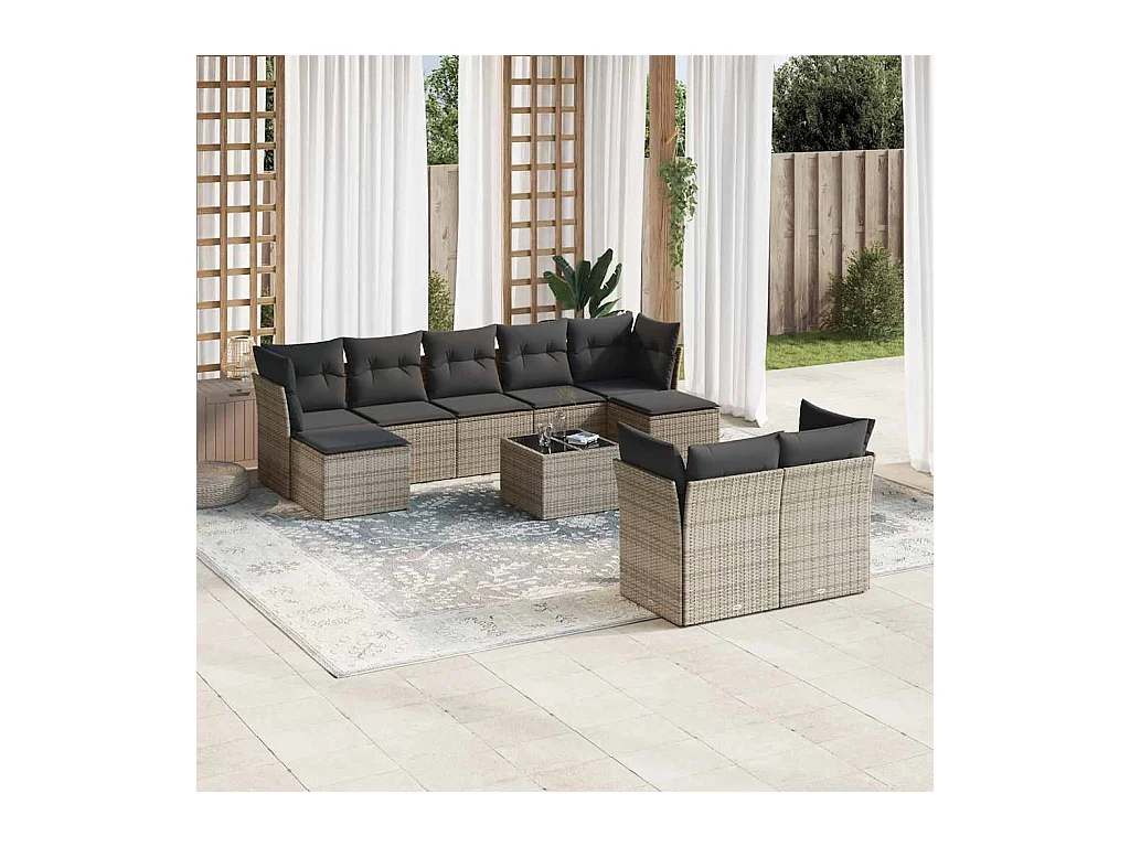 Set Divano da Giardino 10 pz con Cuscini Grigio in Polyrattan