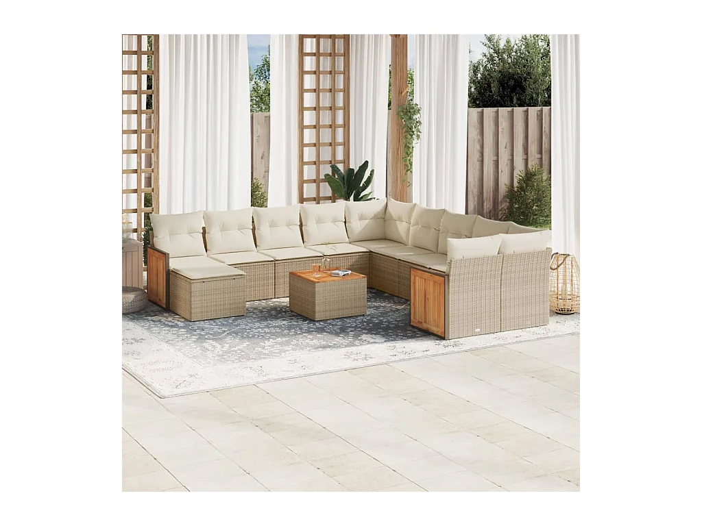 Salon de jardin avec coussins 12 pcs beige résine tressée