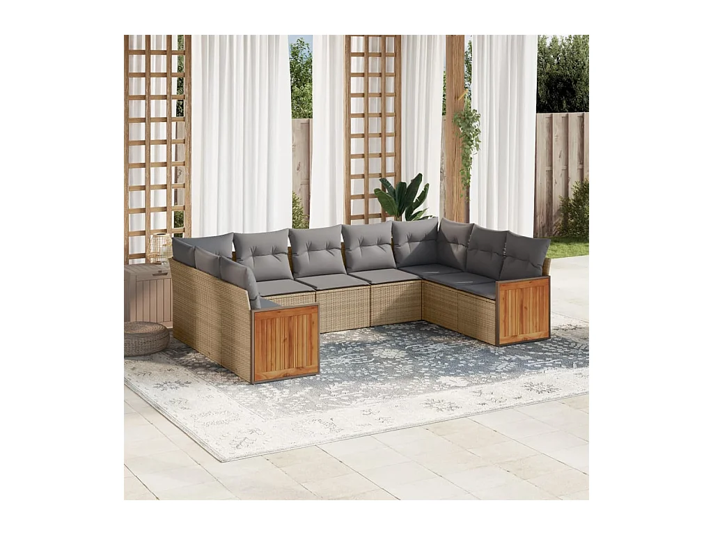 Salon de jardin avec coussins 9 pcs beige résine tressée