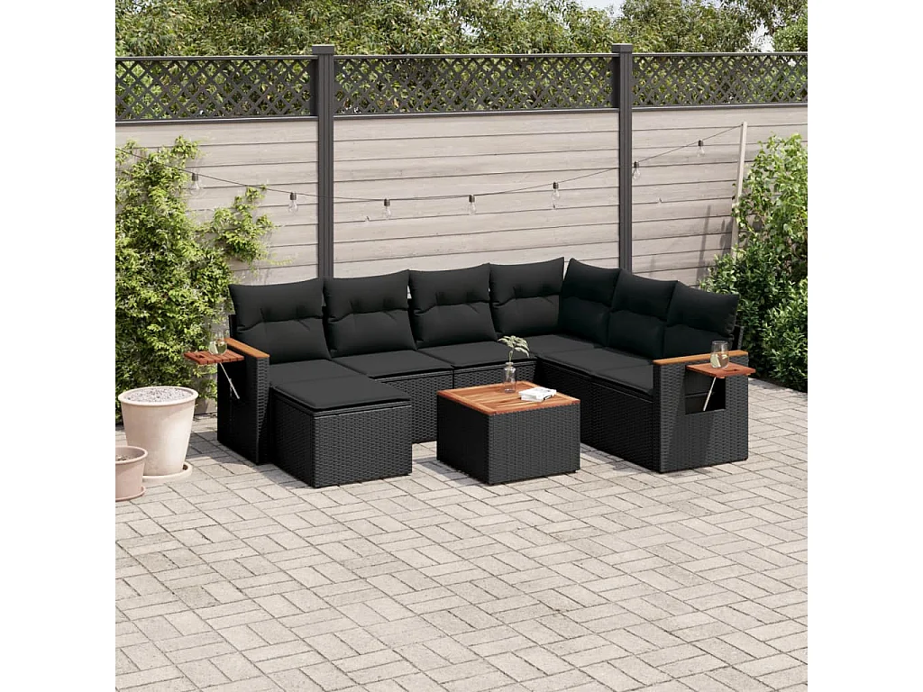 8-tlg. Garten-Sofagarnitur mit Kissen Schwarz Poly Rattan