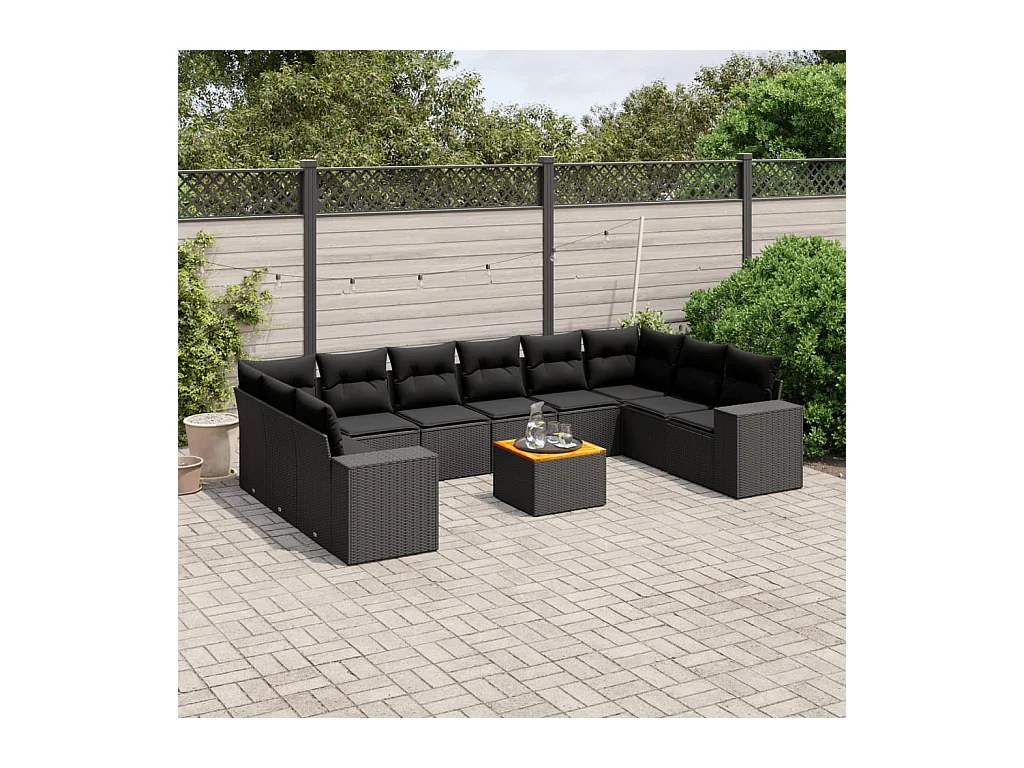 Salon de jardin 11 pcs avec coussins noir résine tressée