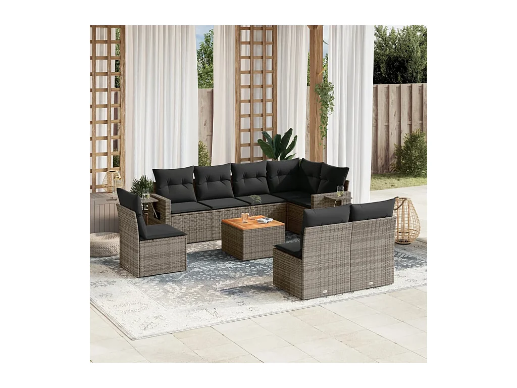 Set Divano da Giardino 9 pz con Cuscini Grigio in Polyrattan