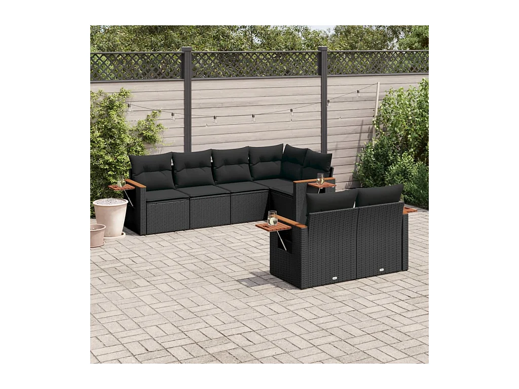 Salon de jardin 7 pcs avec coussins noir résine tressée