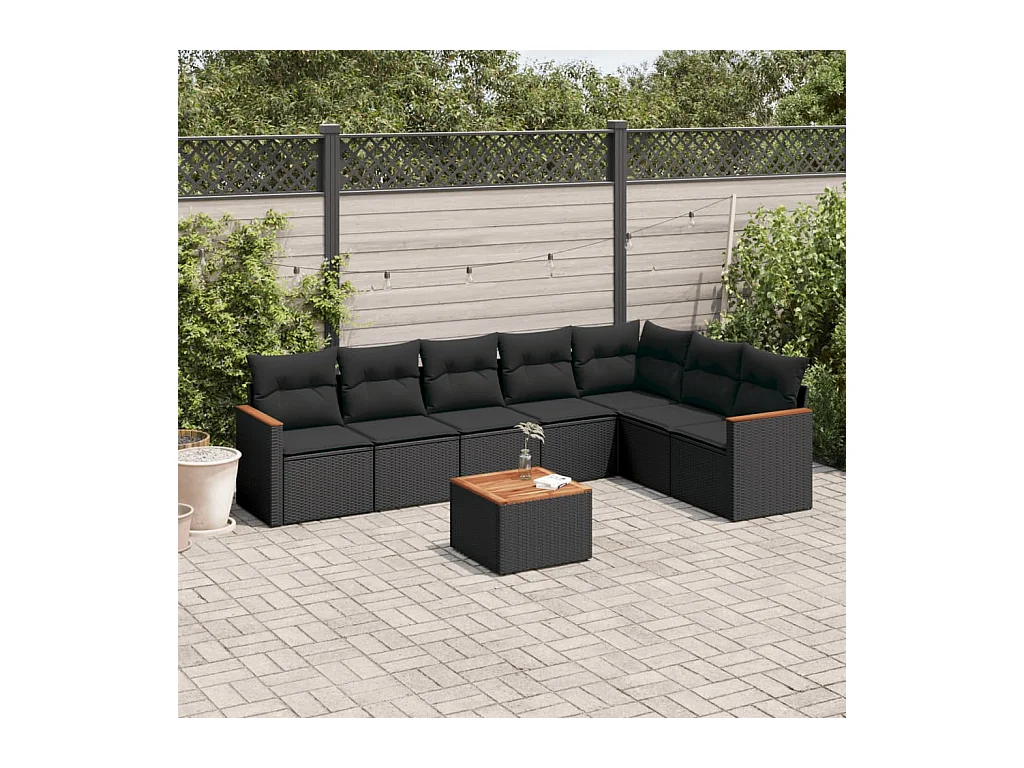 Salon de jardin 8 pcs avec coussins noir résine tressée