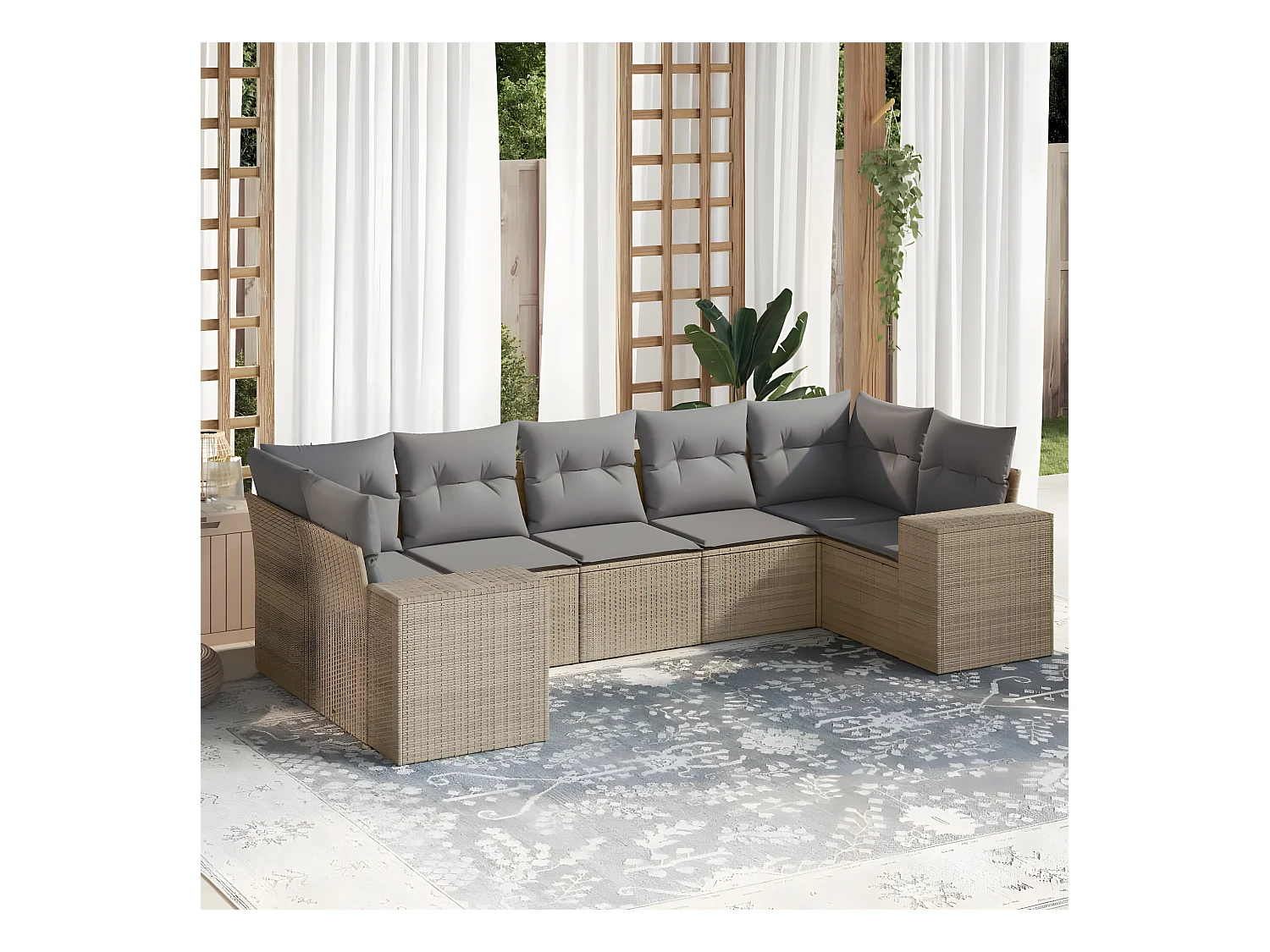 Set Divani da Giardino 7 pz con Cuscini Beige in Polyrattan
