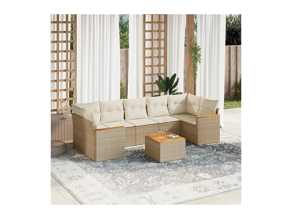 Salon de jardin avec coussins 8 pcs beige résine tressée