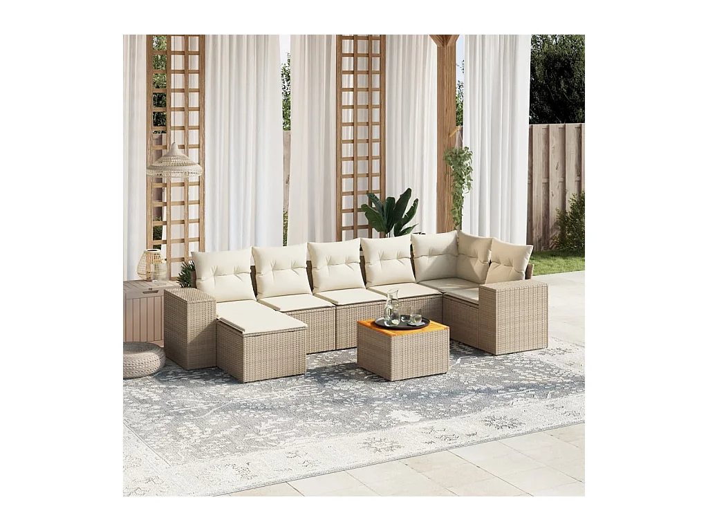 Salon de jardin avec coussins 8 pcs beige résine tressée