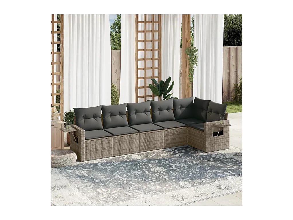 6-tlg. Garten-Sofagarnitur mit Kissen Grau Poly Rattan