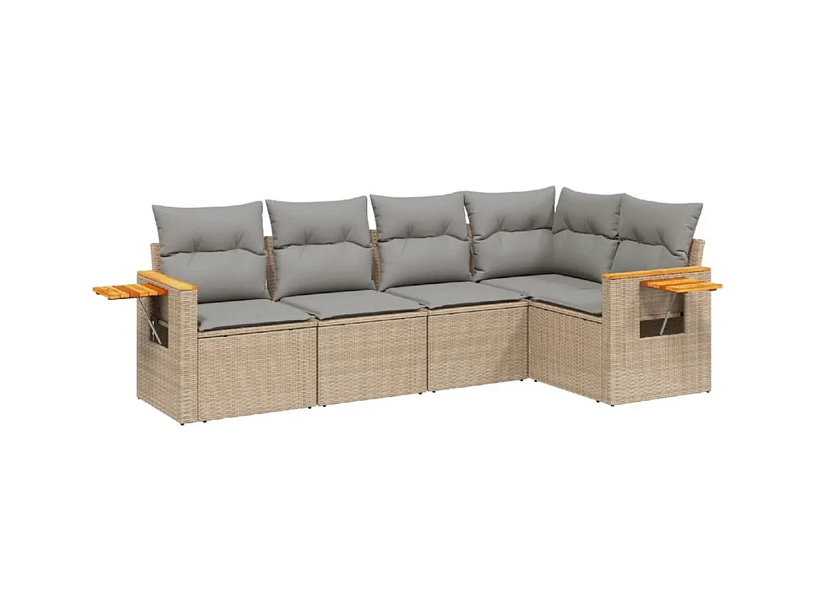 5-tlg. Garten-Sofagarnitur mit Kissen Beige Poly Rattan