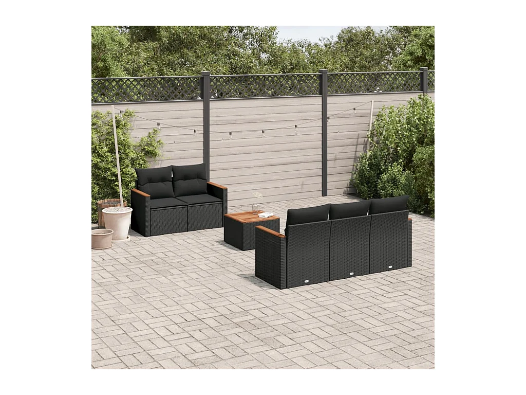 Salon de jardin 6 pcs avec coussins noir résine tressée