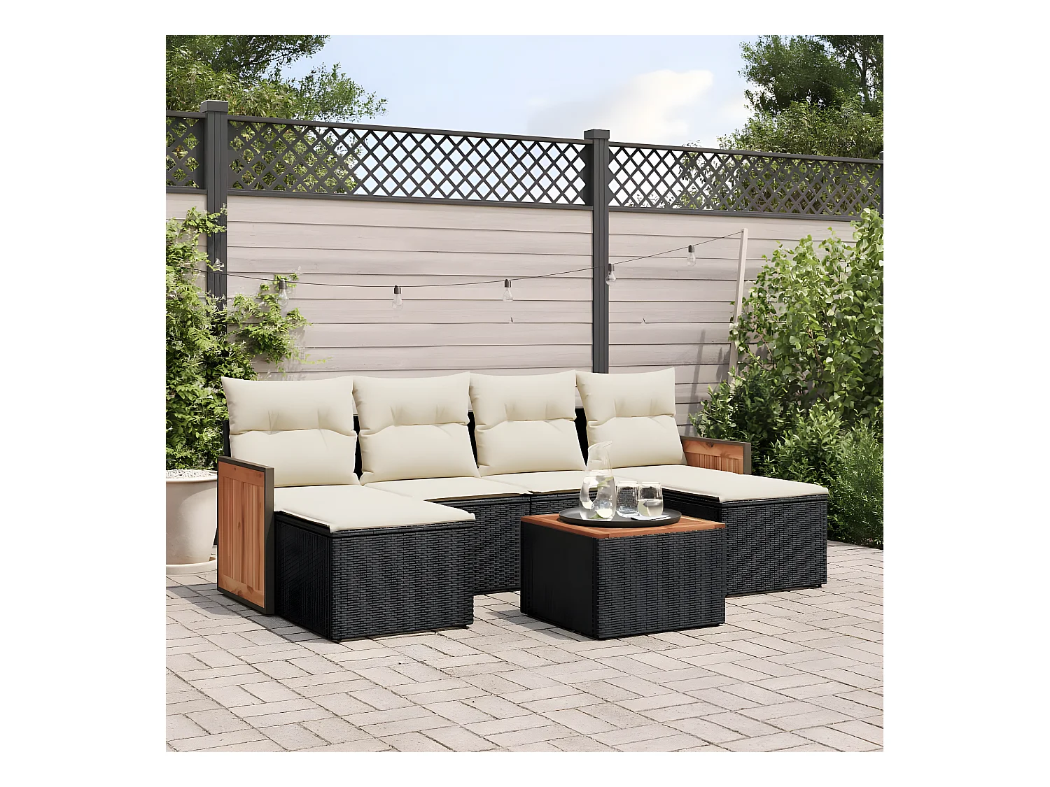 Salon de jardin 7 pcs avec coussins noir résine tressée
