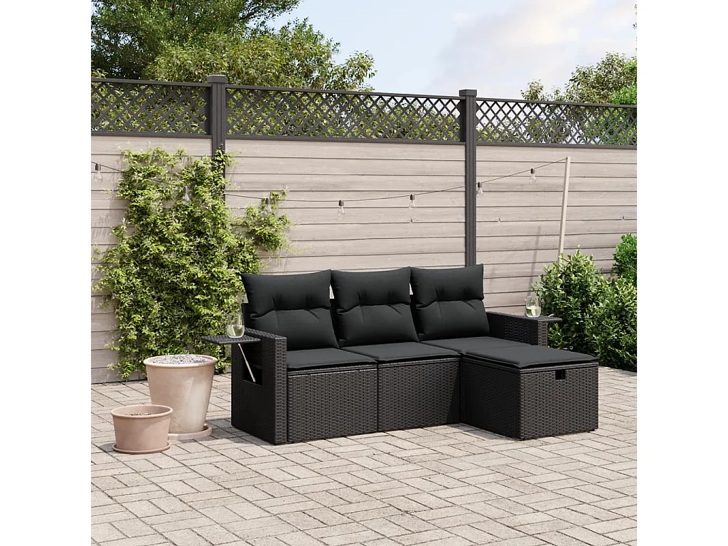 4-delige Loungeset met kussens poly rattan zwart