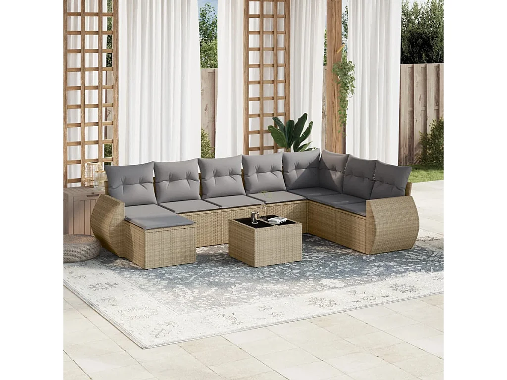 Set Divano da Giardino 9 pz con Cuscini Beige in Polyrattan