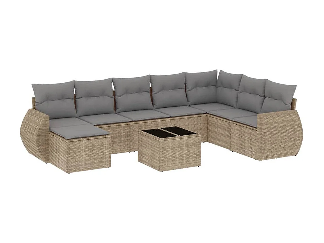 Set Divano da Giardino 9 pz con Cuscini Beige in Polyrattan