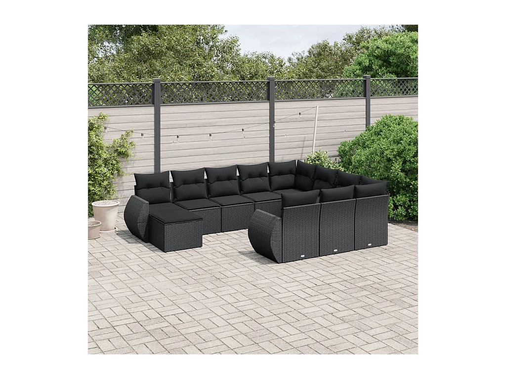 11-tlg. Garten-Sofagarnitur mit Kissen Schwarz Poly Rattan