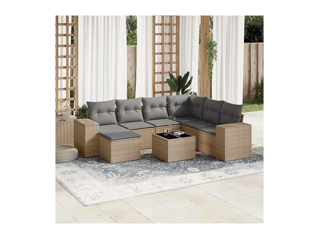 Salon de jardin avec coussins 8 pcs beige résine tressée