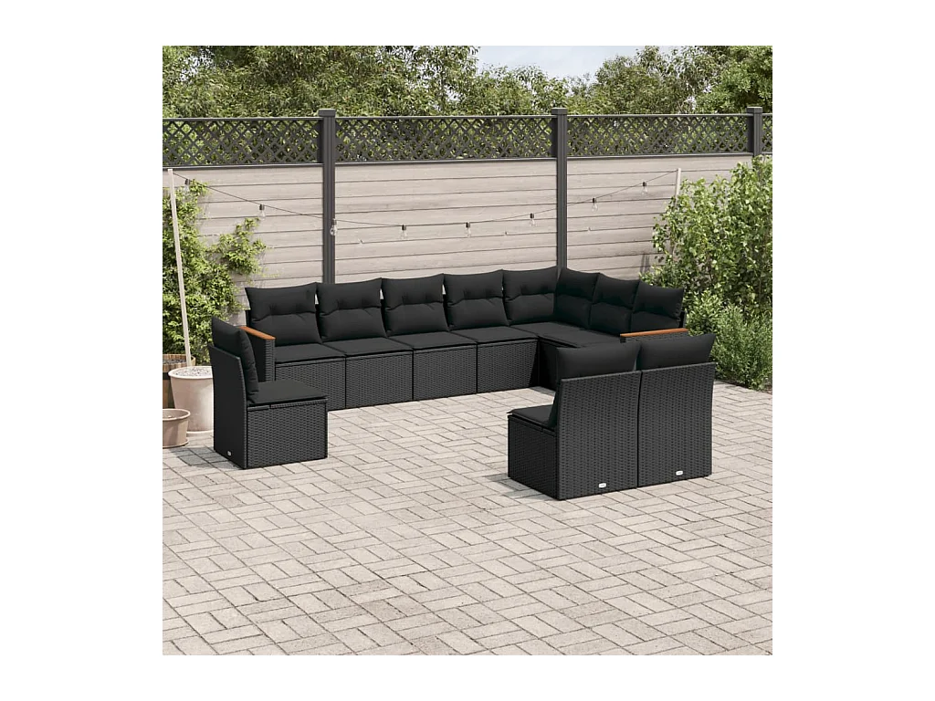 Salon de jardin 10 pcs avec coussins noir résine tressée