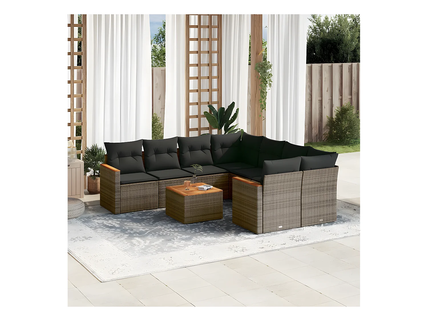Salon de jardin 9 pcs avec coussins gris résine tressée