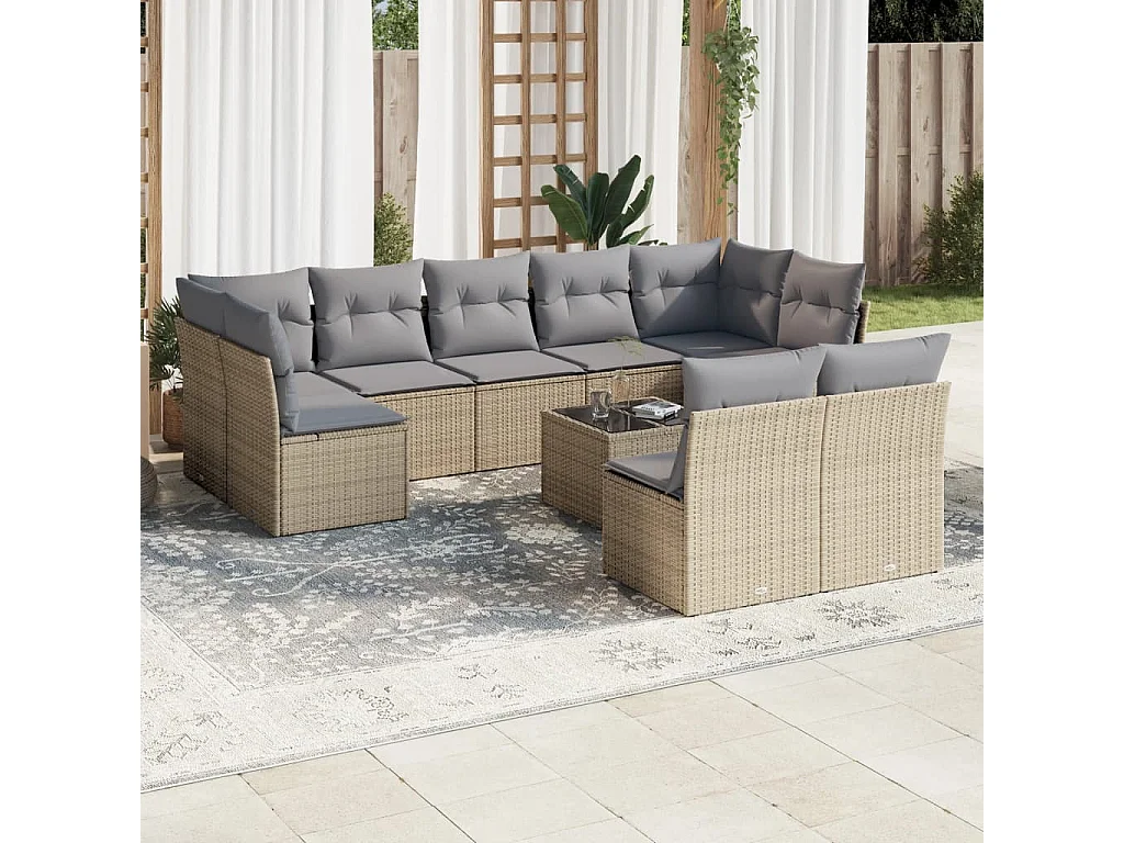 Set Divano da Giardino 10 pz con Cuscini Beige in Polyrattan