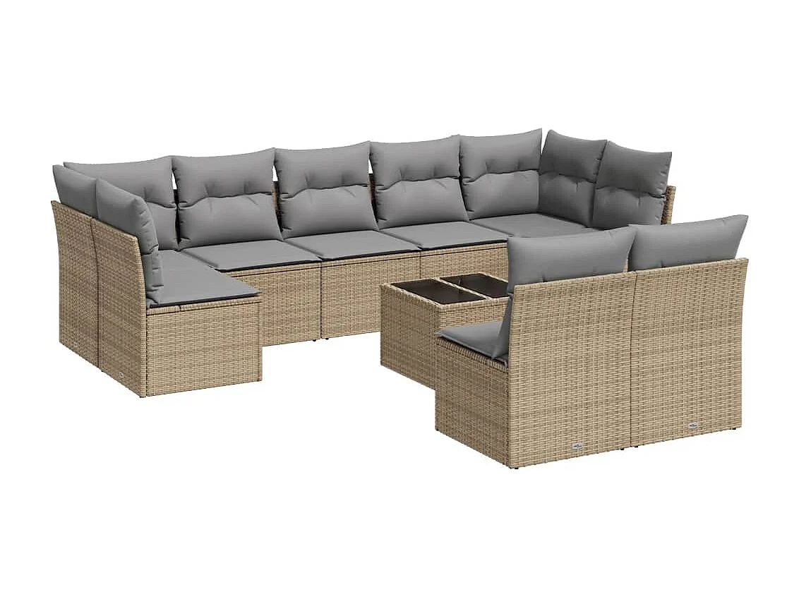 Set Divano da Giardino 10 pz con Cuscini Beige in Polyrattan