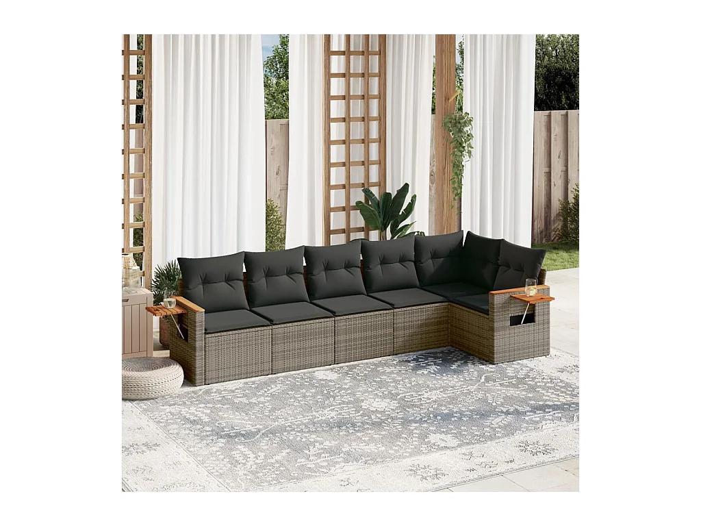 6-delige Loungeset met kussens poly rattan grijs