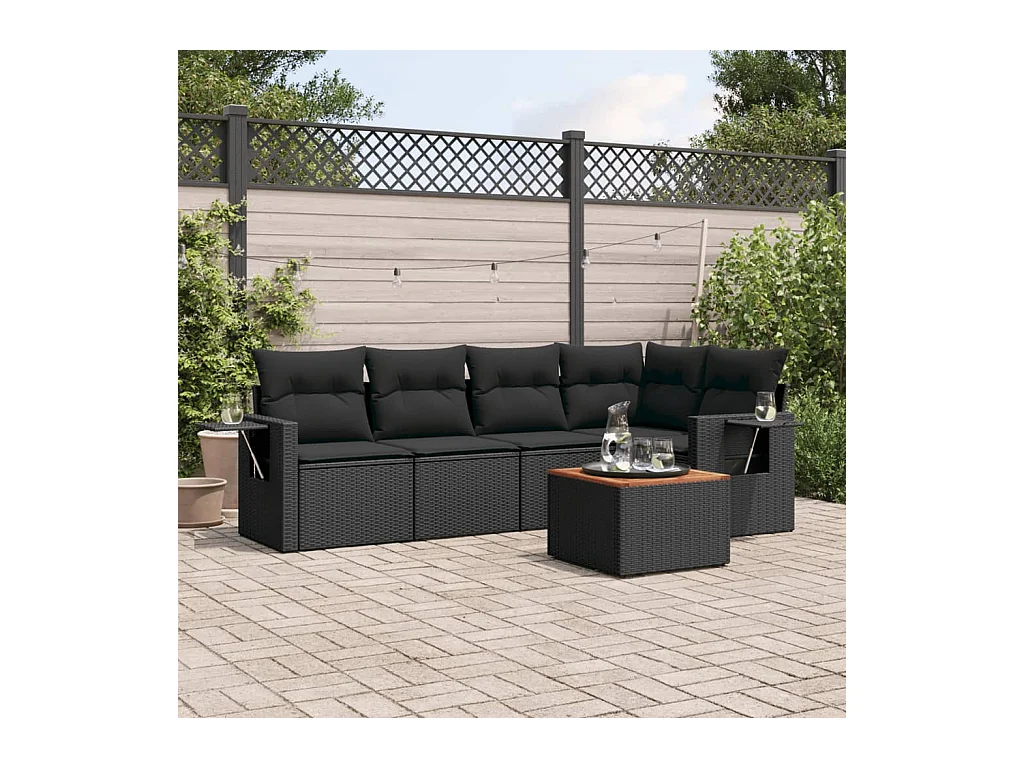Set Divano da Giardino 6 pz con Cuscini Nero in Polyrattan