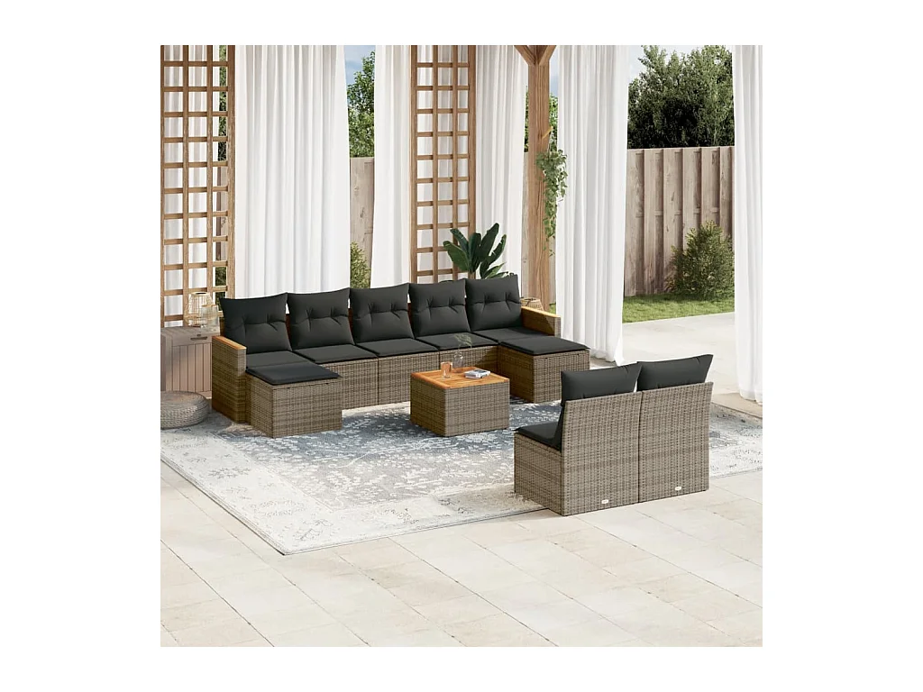 Salon de jardin avec coussins 10 pcs gris résine tressée