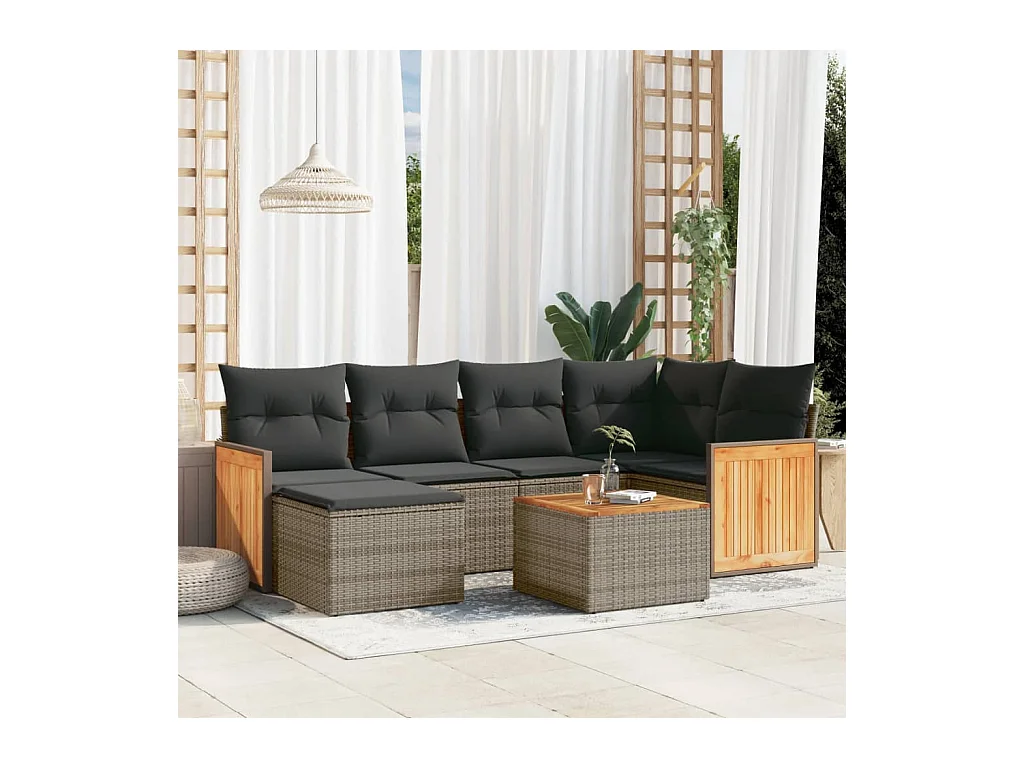 Salon de jardin avec coussins 7 pcs gris résine tressée