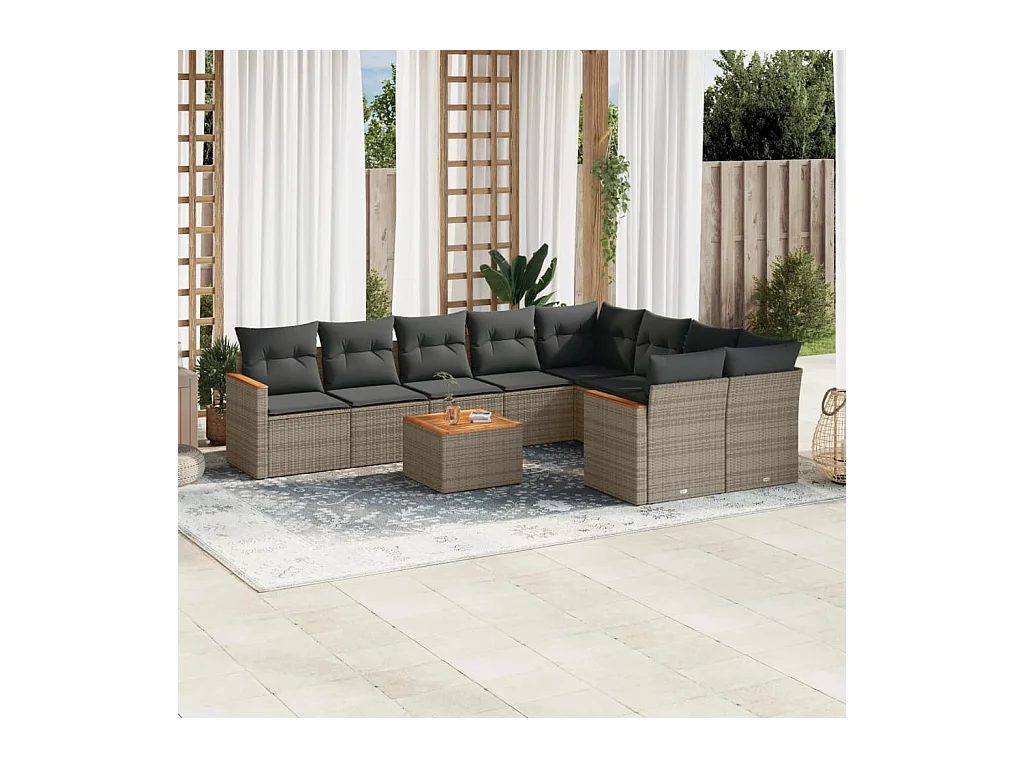 Set Divano da Giardino 10 pz con Cuscini Grigio in Polyrattan