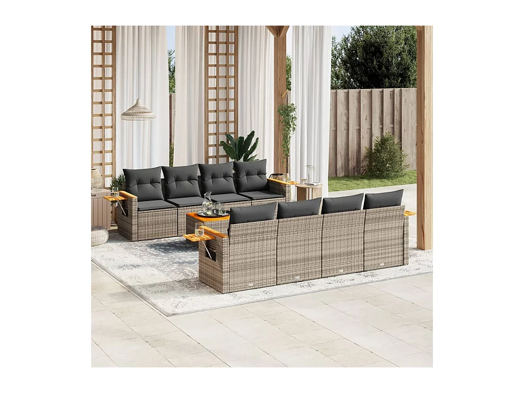 Salon de jardin 9 pcs avec coussins gris résine tressée