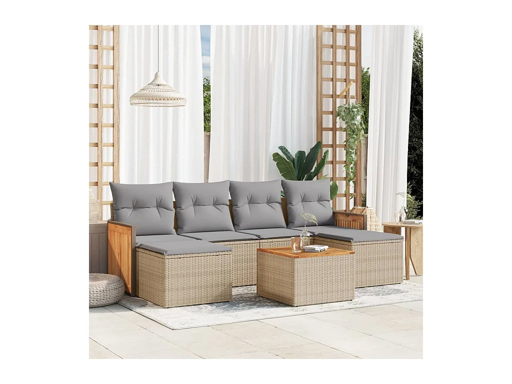 Salon de jardin avec coussins 7 pcs beige résine tressée