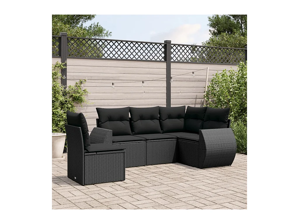 Salon de jardin 5 pcs avec coussins noir résine tressée
