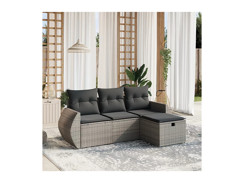 Salon de jardin 4 pcs avec coussins gris résine tressée
