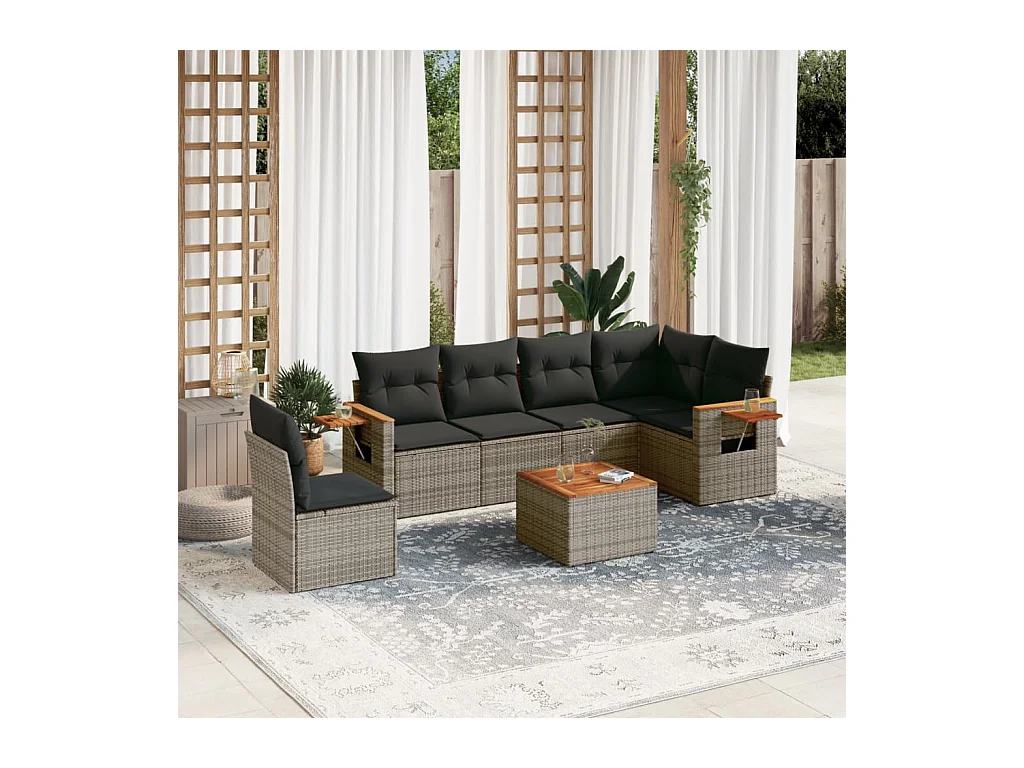 Set Divani da Giardino 7 pz con Cuscini Grigio in Polyrattan