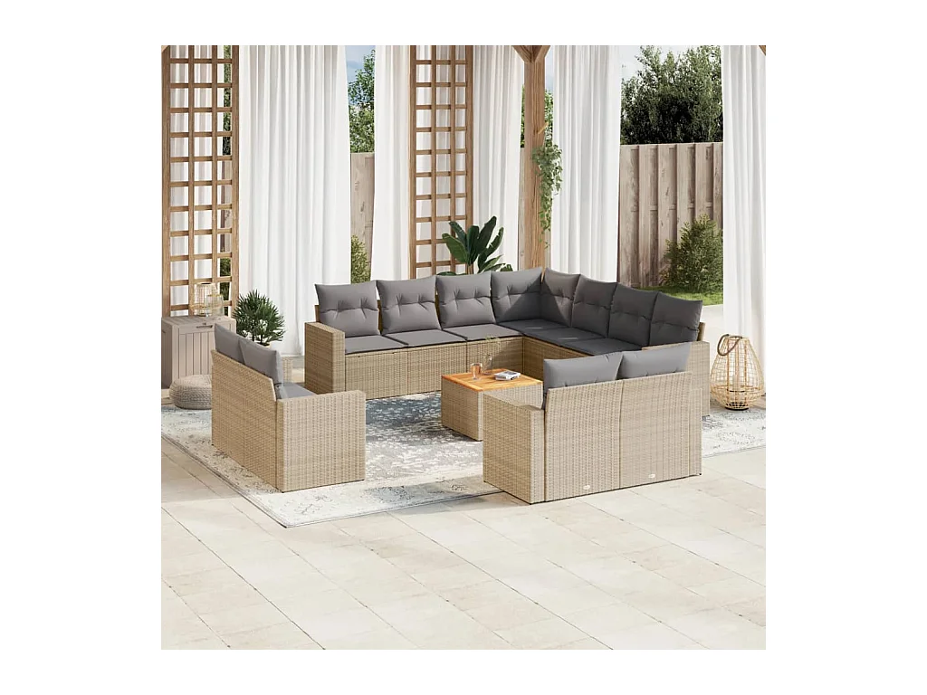 Salon de jardin et coussins 12 pcs mélange beige résine tressée