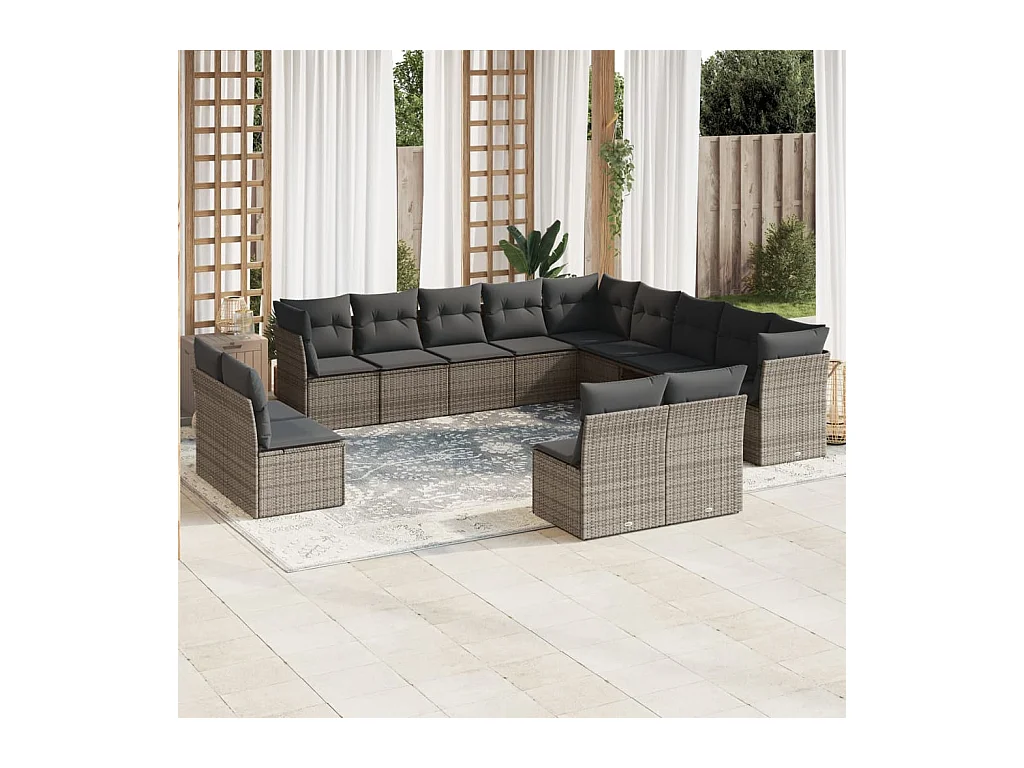 Salon de jardin avec coussins 13 pcs gris résine tressée