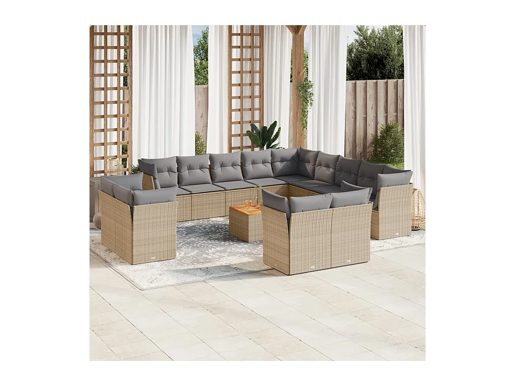 Set Divano da Giardino 14 pz con Cuscini Beige Misto Polyrattan